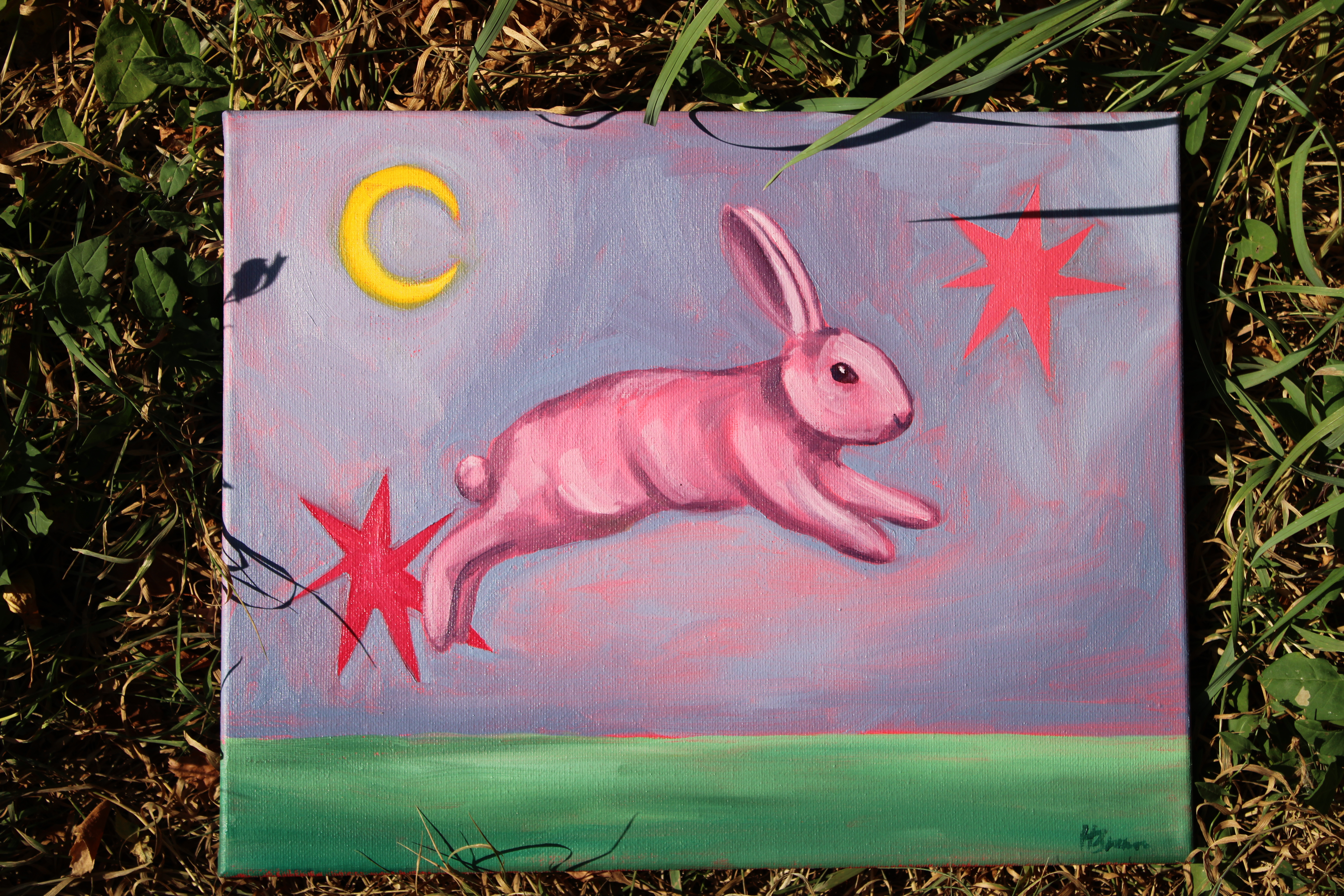 Pink rabbit painting beneath a moon and stars