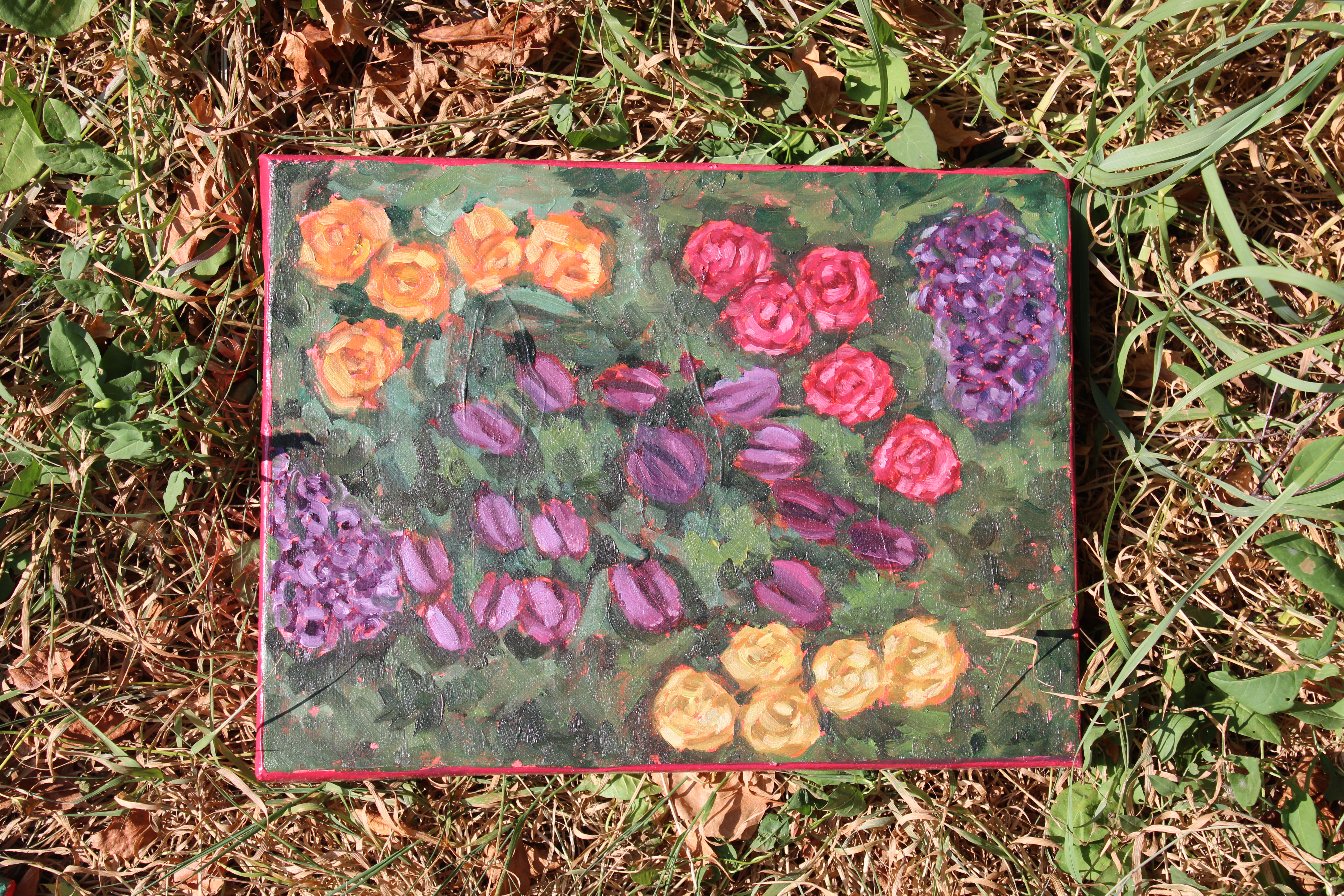 Colorful flower painting with roses and hydrangeas
